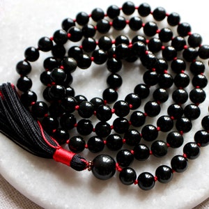 Black Knotted Sheen Obsidian Mala Necklace 108 Beads with Tassel image 2