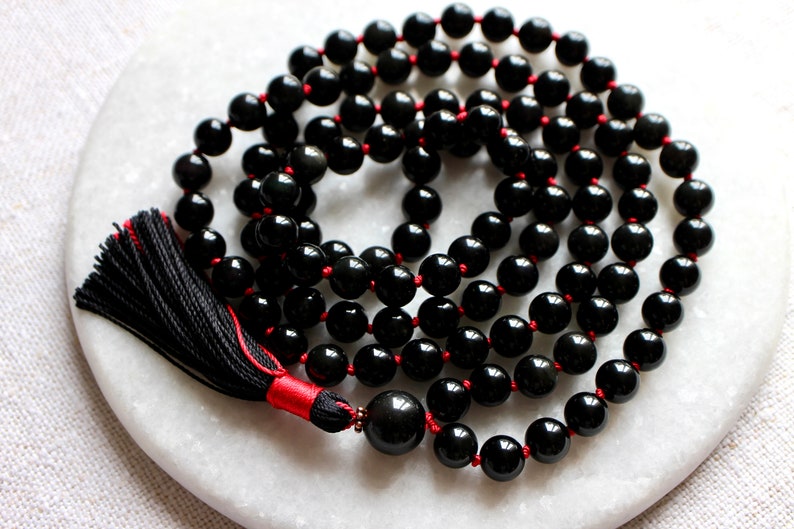 Black Knotted Sheen Obsidian Mala Necklace 108 Beads with Tassel image 2