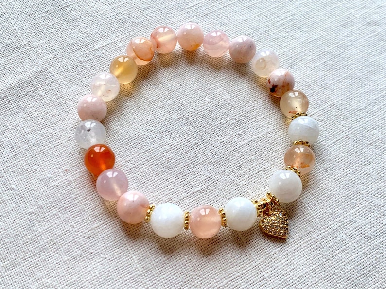 Cherry Blossom Agate and Rainbow Moonstone Mala, Moonstone Bracelet, Moonstone Mala, Agate Mala, 21 Beads image 1