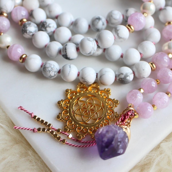 THE EMPRESS / Howlite, Pearl, Kunzite Mala, Mala Necklace, 108 Mala Prayer Beads, Yoga Gift, Yoga Necklace, Mala Beads