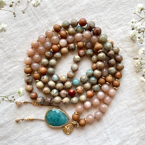 Sunstone Mala, Aqua Terra Jasper Mala, Sandalwood Mala, Sunstone Necklace, Sandalwood Necklace, Mala Kette, Prayer Beads, Yoga Necklace image 6