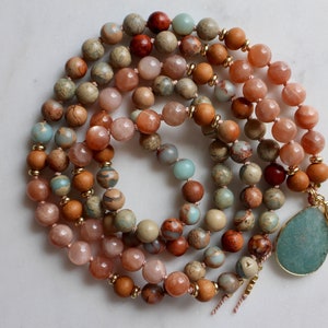 Sunstone Mala, Aqua Terra Jasper Mala, Sandalwood Mala, Sunstone Necklace, Sandalwood Necklace, Mala Kette, Prayer Beads, Yoga Necklace image 9