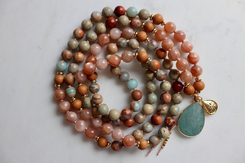 Sunstone Mala, Aqua Terra Jasper Mala, Sandalwood Mala, Sunstone Necklace, Sandalwood Necklace, Mala Kette, Prayer Beads, Yoga Necklace image 9