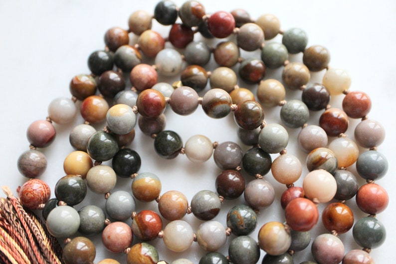Ocean Jasper Mala Beads, 108 Beads, Sandalwood Mala Necklace, Knotted Mala, Tassel Necklace, Yoga Jewelry,Meditation Beads,Spiritual Jewelry image 4