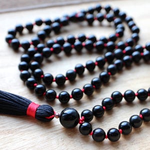 Black Knotted Sheen Obsidian Mala Necklace 108 Beads with Tassel image 7