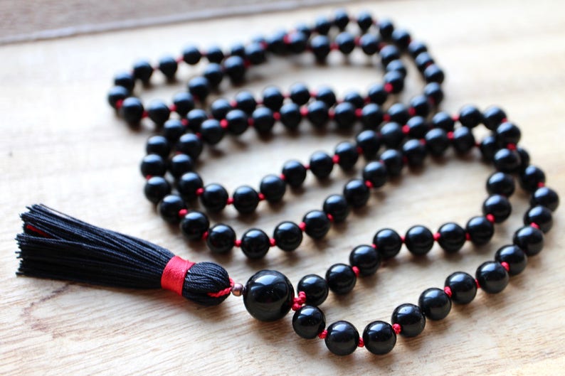 Black Knotted Sheen Obsidian Mala Necklace 108 Beads with Tassel image 7