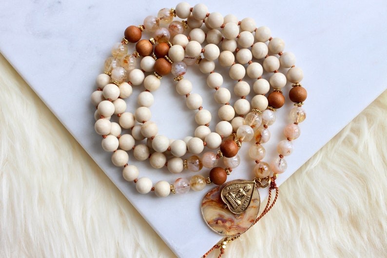 Citrine Mala, Riverstone Mala, Sandalwood Mala, Citrine Necklace, Sandalwood Necklace, Mala Kette, Prayer Beads, Yoga Necklace image 1