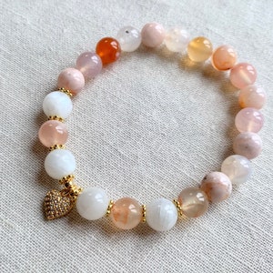 Cherry Blossom Agate and Rainbow Moonstone Mala, Moonstone Bracelet, Moonstone Mala, Agate Mala, 21 Beads image 4