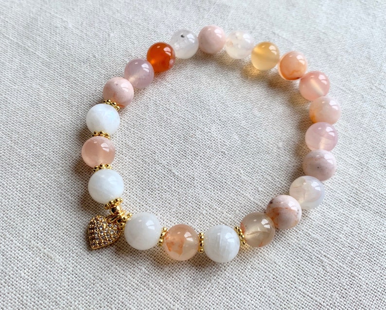 Cherry Blossom Agate and Rainbow Moonstone Mala, Moonstone Bracelet, Moonstone Mala, Agate Mala, 21 Beads image 4