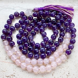 Amethyst Mala Beads 108, Rose Quartz Mala Necklace, Knotted Mala, Tassel Necklace, Yoga Jewelry, Meditation Beads, Spiritual Boho Jewelry image 2