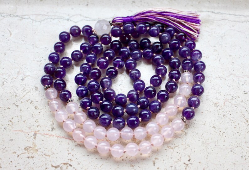 Amethyst Mala Beads 108, Rose Quartz Mala Necklace, Knotted Mala, Tassel Necklace, Yoga Jewelry, Meditation Beads, Spiritual Boho Jewelry image 2