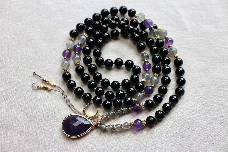 Black Tourmaline Mala, Amethyst Mala, Tourmaline Mala, Tourmaline Necklace, Amethyst Necklace, Mala Kette, Prayer Beads, Yoga Necklace image 4