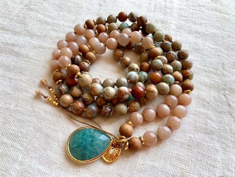 Sunstone Mala, Aqua Terra Jasper Mala, Sandalwood Mala, Sunstone Necklace, Sandalwood Necklace, Mala Kette, Prayer Beads, Yoga Necklace image 3