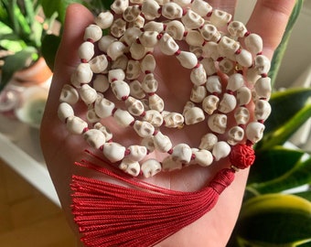 thumbnail image 2 of 18" 10x14mm Natural White Turquoise Skull Beaded Necklace – Carved Gemstone Mala With Silver Plated Chain 2 of 6