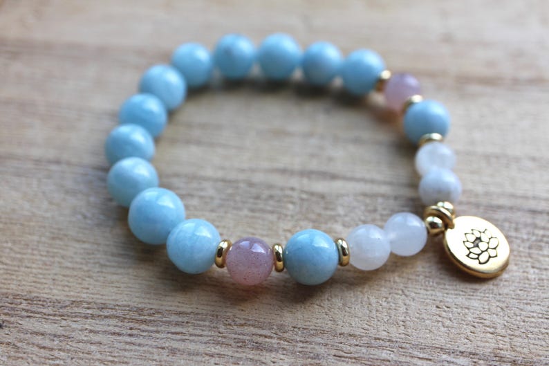 Aquamarine Rainbow Moonstone Sunstone Mala Bracelet Etsy