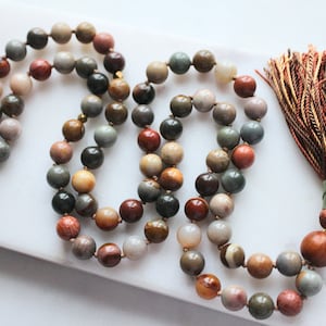 Ocean Jasper Mala Beads, 108 Beads, Sandalwood Mala Necklace, Knotted Mala, Tassel Necklace, Yoga Jewelry,Meditation Beads,Spiritual Jewelry image 5
