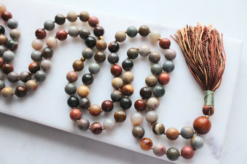 Ocean Jasper Mala Beads, 108 Beads, Sandalwood Mala Necklace, Knotted Mala, Tassel Necklace, Yoga Jewelry,Meditation Beads,Spiritual Jewelry image 5