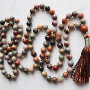 Ocean Jasper Mala Beads, 108 Beads, Sandalwood Mala Necklace, Knotted Mala, Tassel Necklace, Yoga Jewelry,Meditation Beads,Spiritual Jewelry image 3