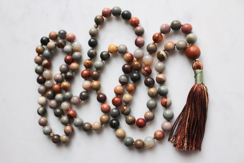 Ocean Jasper Mala Beads, 108 Beads, Sandalwood Mala Necklace, Knotted Mala, Tassel Necklace, Yoga Jewelry,Meditation Beads,Spiritual Jewelry image 3