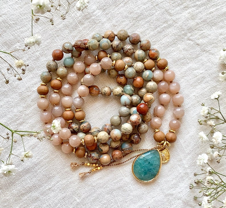 Sunstone Mala, Aqua Terra Jasper Mala, Sandalwood Mala, Sunstone Necklace, Sandalwood Necklace, Mala Kette, Prayer Beads, Yoga Necklace image 1