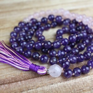 Amethyst Mala Beads 108, Rose Quartz Mala Necklace, Knotted Mala, Tassel Necklace, Yoga Jewelry, Meditation Beads, Spiritual Boho Jewelry image 10