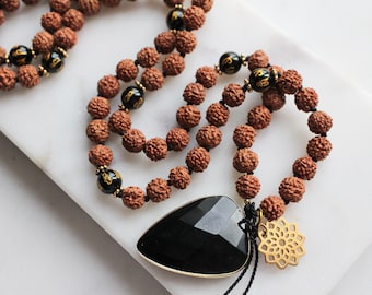 Om Mani Padme Hum, Onyx Rudraksha Mala Beads, Mala Necklace, Knotted Mala, Tassel Necklace, Yoga Jewelry, Meditation Beads,Spiritual Jewelry