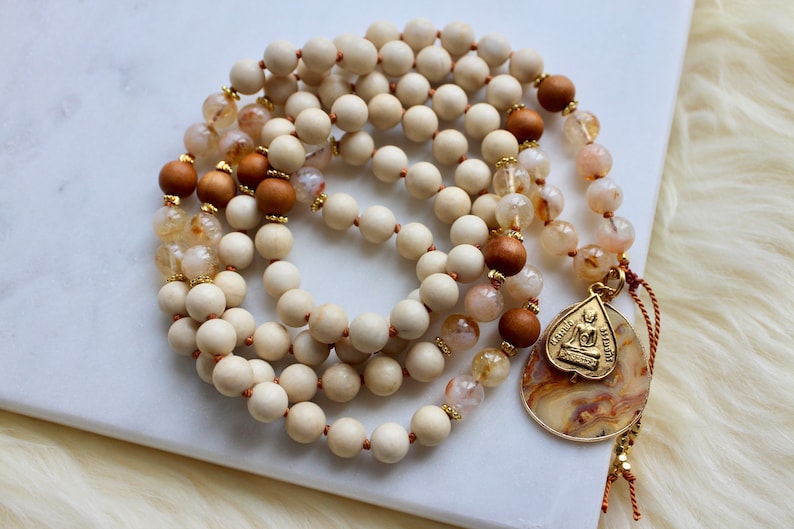 Citrine Mala, Riverstone Mala, Sandalwood Mala, Citrine Necklace, Sandalwood Necklace, Mala Kette, Prayer Beads, Yoga Necklace image 6