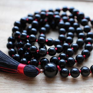 Black Knotted Sheen Obsidian Mala Necklace 108 Beads with Tassel image 6