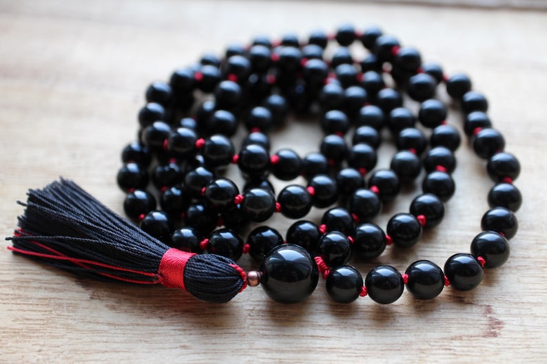 Black Knotted Sheen Obsidian Mala Necklace 108 Beads with Tassel image 6