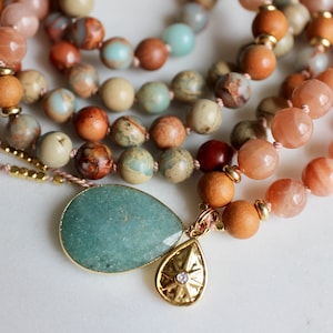 Sunstone Mala, Aqua Terra Jasper Mala, Sandalwood Mala, Sunstone Necklace, Sandalwood Necklace, Mala Kette, Prayer Beads, Yoga Necklace image 8