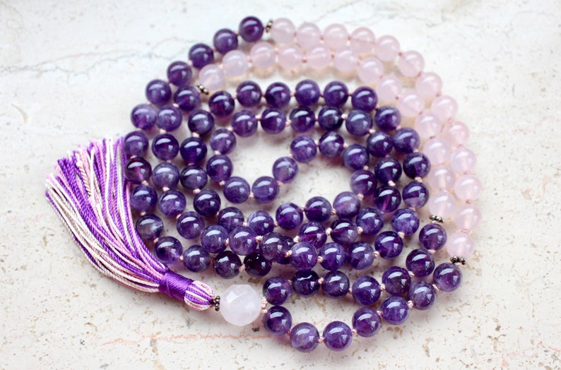 Amethyst Mala Beads 108, Rose Quartz Mala Necklace, Knotted Mala, Tassel Necklace, Yoga Jewelry, Meditation Beads, Spiritual Boho Jewelry image 4