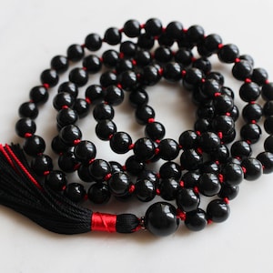 Black Knotted Sheen Obsidian Mala Necklace 108 Beads with Tassel image 10