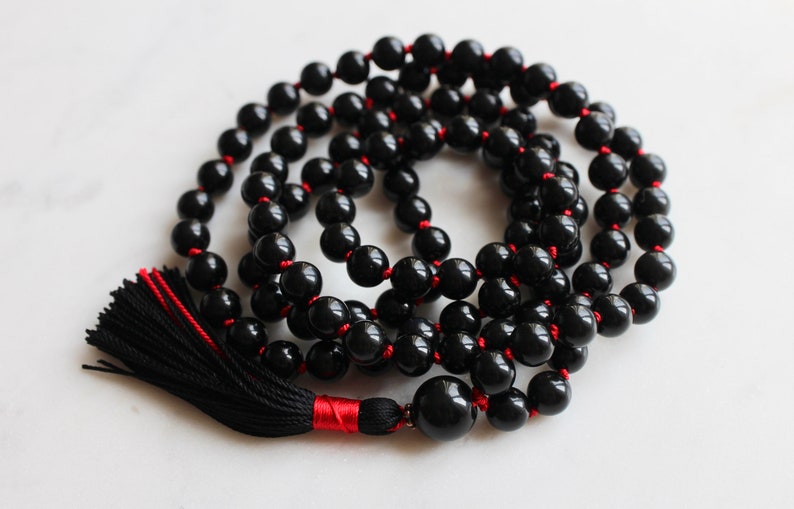 Black Knotted Sheen Obsidian Mala Necklace 108 Beads with Tassel image 10