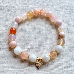 Cherry Blossom Agate and Rainbow Moonstone Mala, Moonstone Bracelet, Moonstone Mala, Agate Mala, 21 Beads image 2