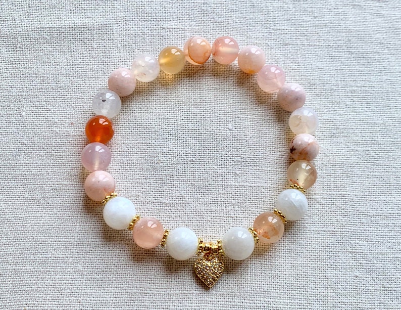 Cherry Blossom Agate and Rainbow Moonstone Mala, Moonstone Bracelet, Moonstone Mala, Agate Mala, 21 Beads image 2