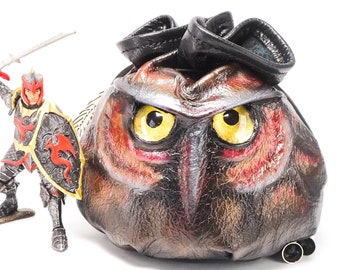 Huge Owl Bag in  in Red and Gold, Leather Dice Bag for Role Playing Game - 150 to 190 Dice