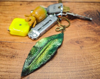Green Leaf Keyring –  Hand Painted Green and Gold Leather Purse Charm and Keychain