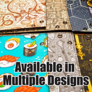 May include: A collection of colorful fabric pouches with various designs, including a map, a geometric pattern, a sushi pattern, and a sword pattern. The pouches have metal eyelets and the text "Available in Multiple Designs" is printed on the front.
