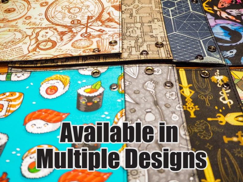 May include: A collection of colorful fabric pouches with various designs, including a map, a geometric pattern, a sushi pattern, and a sword pattern. The pouches have metal eyelets and the text "Available in Multiple Designs" is printed on the front.