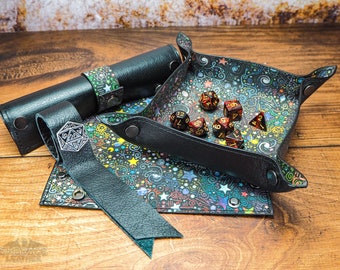 Collapsible Dice Tray Galaxy Canvas and Leather  - Leather Valet Tray and Catch All Tray. Fantastic Graduation Gift for Him