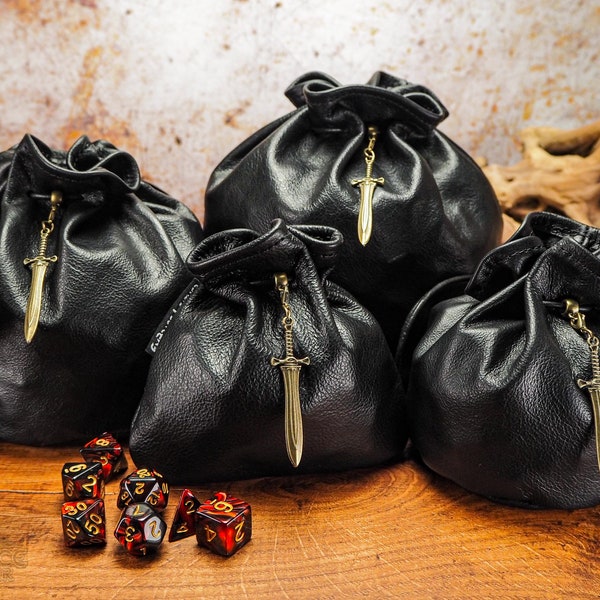 Beautiful Black Leather Dice Bag with Bronze Sword - Dungeons and Dragons Dice Bag of Holding