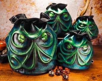 Green Cthulhu Leather Dice Bag with Beautiful Hand Painted Glass Eyes