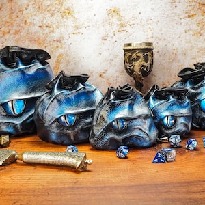 Blue and Silver Leather Dice Bag with Hand Painted Dragons Eye - Bag for Role Playing Games