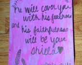 Hand Painted Canvas Psalm 91:4, Bible Verse Sign, Christian Home Decor, Office Decor