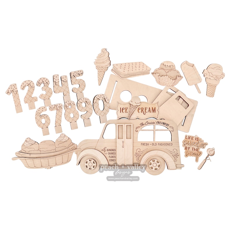 May include: Wooden craft kit featuring a vintage ice cream truck with a sign that reads "ICE CREAM The Creamery", a scoop of ice cream, and a banner that says "Life is Sweeter by the Scoop". The kit also includes numbers 1-9, a waffle cone, a popsicle, and a bowl of ice cream.