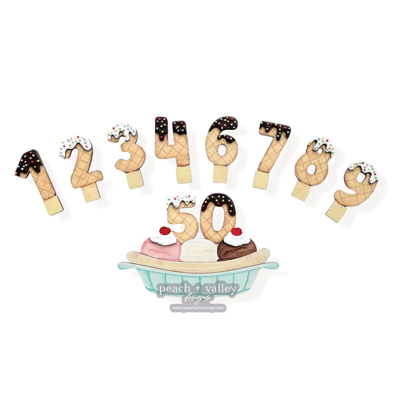 May include: Wooden ice cream cone shaped numbers 1 through 9 and 50. The numbers are decorated with chocolate and sprinkles. The numbers are arranged in a semi-circle with the 50 in the center. The 50 is on top of a banana split with three scoops of ice cream.