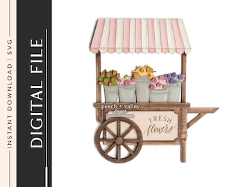 Fresh Flower Cart Laser Cut File, Flower Market Laser Cutting Design Glowforge Project, Wood Cutting Machine DIY Decor, Cricut Project SVG