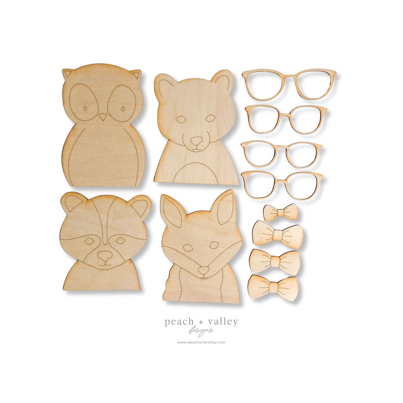 May include: A set of unfinished wooden animal shapes, including an owl, bear, raccoon, and fox. There are also three bow ties and four pairs of glasses included. The shapes are ready to be painted or stained.