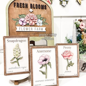 May include: Three wooden signs with painted floral illustrations and botanical names. The signs are labeled "Snapdragon", "Anemone", and "Peony". The signs are part of a flower farm display with a wooden sign that reads "Fresh Blooms Co. Flower Farm Est. 1936"