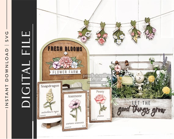 Fresh Blooms Laser Cut File, Laser Cutting Design DIY Decor, Wood Cutting Machine Glowforge Project Plant Lover Gift Cricut Project